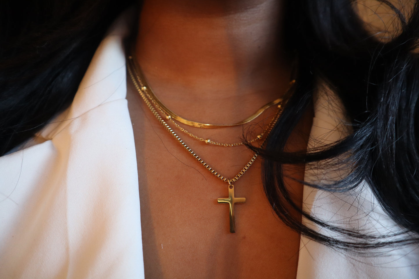 Minimalist 14K Gold Necklace featuring a cross multilayer gold chain design. A chic and stylish women’s gold necklace ideal for any occasion.