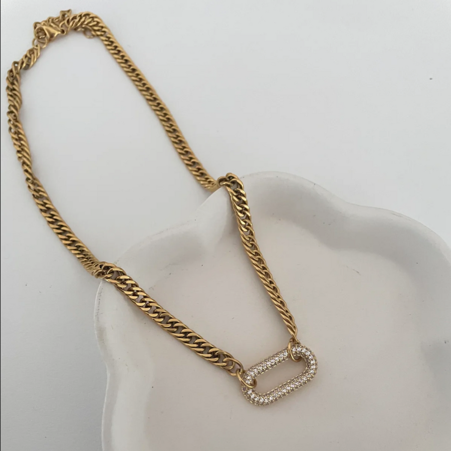 Minimalist 14k gold chain with diamond rectangle pendant—elegant and sleek women's gold chain, perfect for everyday wear